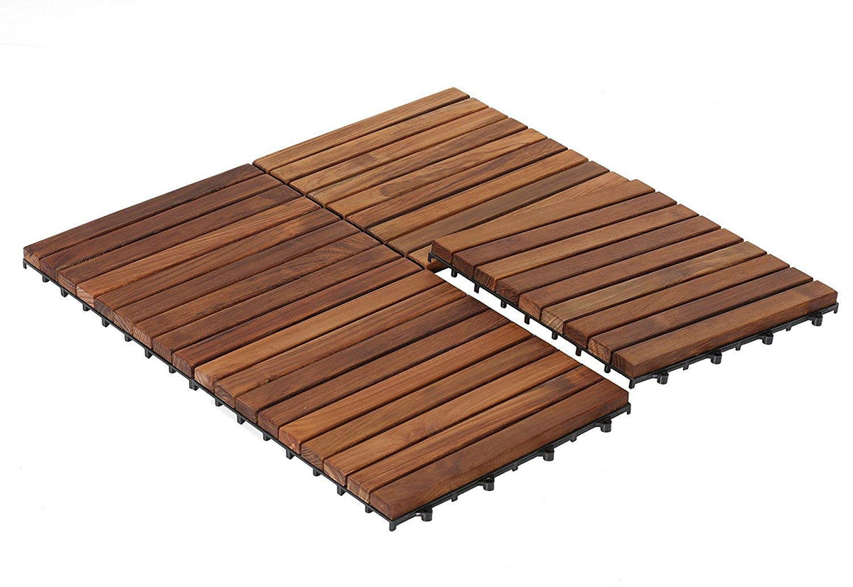 Bare Decor EZ-Floor Interlocking Teak Wood Flooring Tiles and End Pins (Set of 10 Tiles + 8 End Pins)