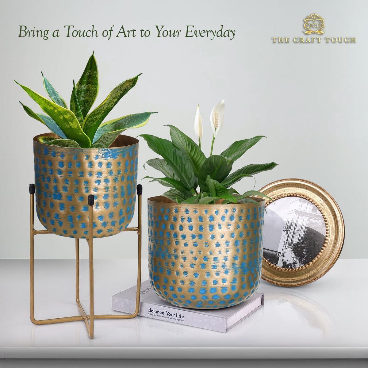 The Craft Touch Set of 2 Metal Planters with Stands – 16″ & 12″ Decorative Flower Pots for Indoor & Outdoor Plants | Rustic Home & Garden Décor for Living Room, Patio, Balcony, Housewarming Gift