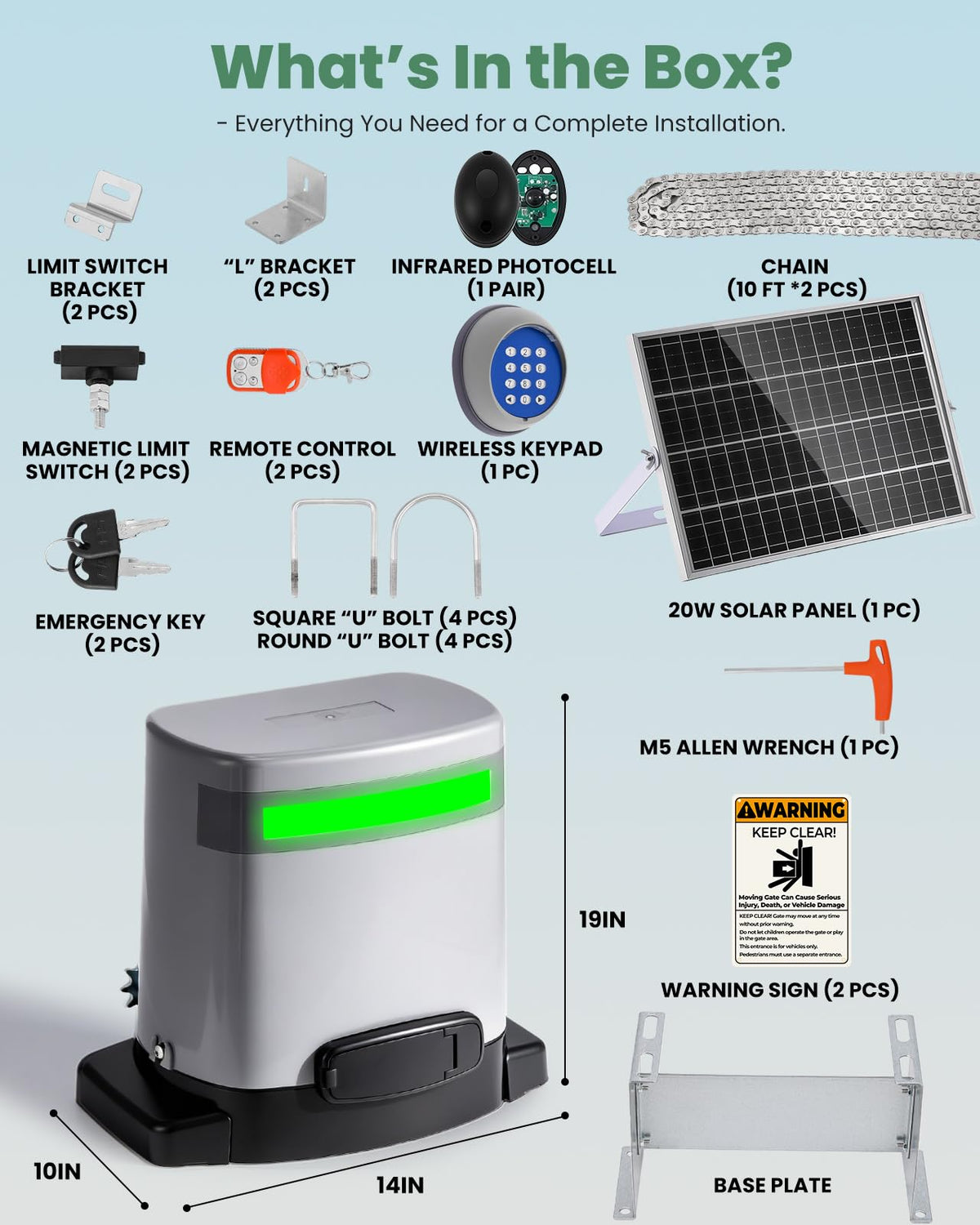 Spolehli 1300lb Sliding Gate Opener with Chain Drive & Solar Panel, WiFi/App & Keypad & Remote Control, Built-in Backup Battery & Infrared Safety Sensor - Complete Automatic Motor Kit for 40ft Gates