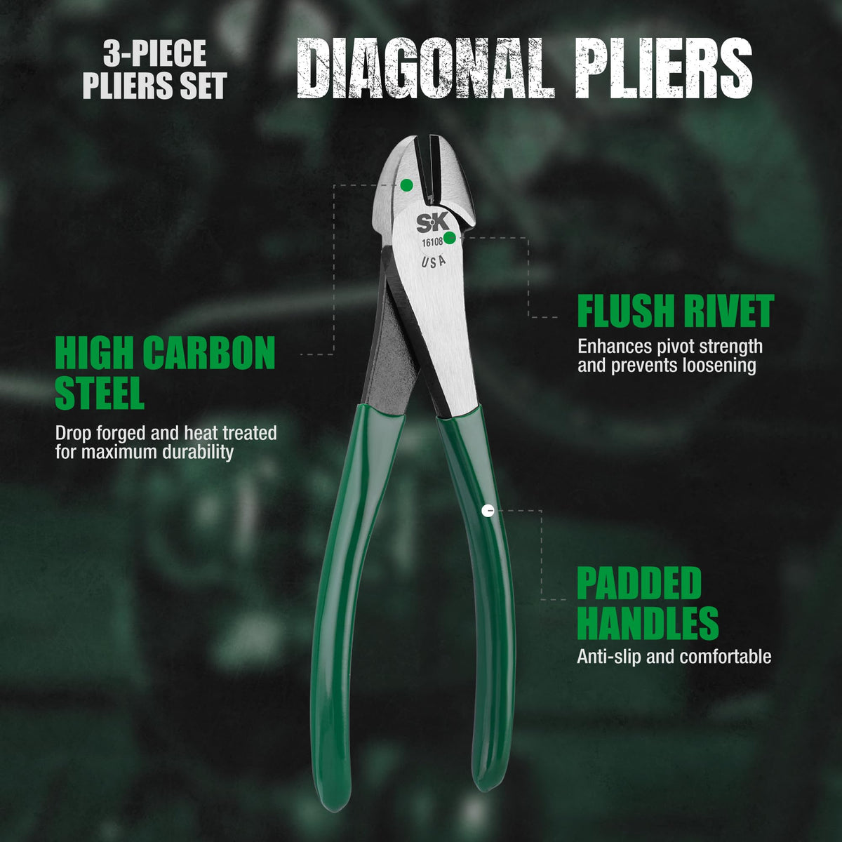 SK Tools USA 3 Piece Water Pump Pliers Set: Diagonal Cutting, Long Nose Cutting, Tongue & Groove | 17840
