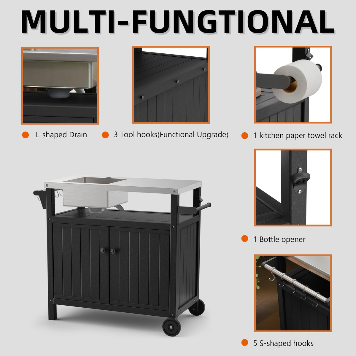 TORVA Multi-Functional Outdoor Grill Cart with Sink,Cabinet and Cover, 42 inch Freestanding Modular Kitchen Sink Station in 304 Stainless Steel&HDPE, All Weather Use BBQ Table, Black