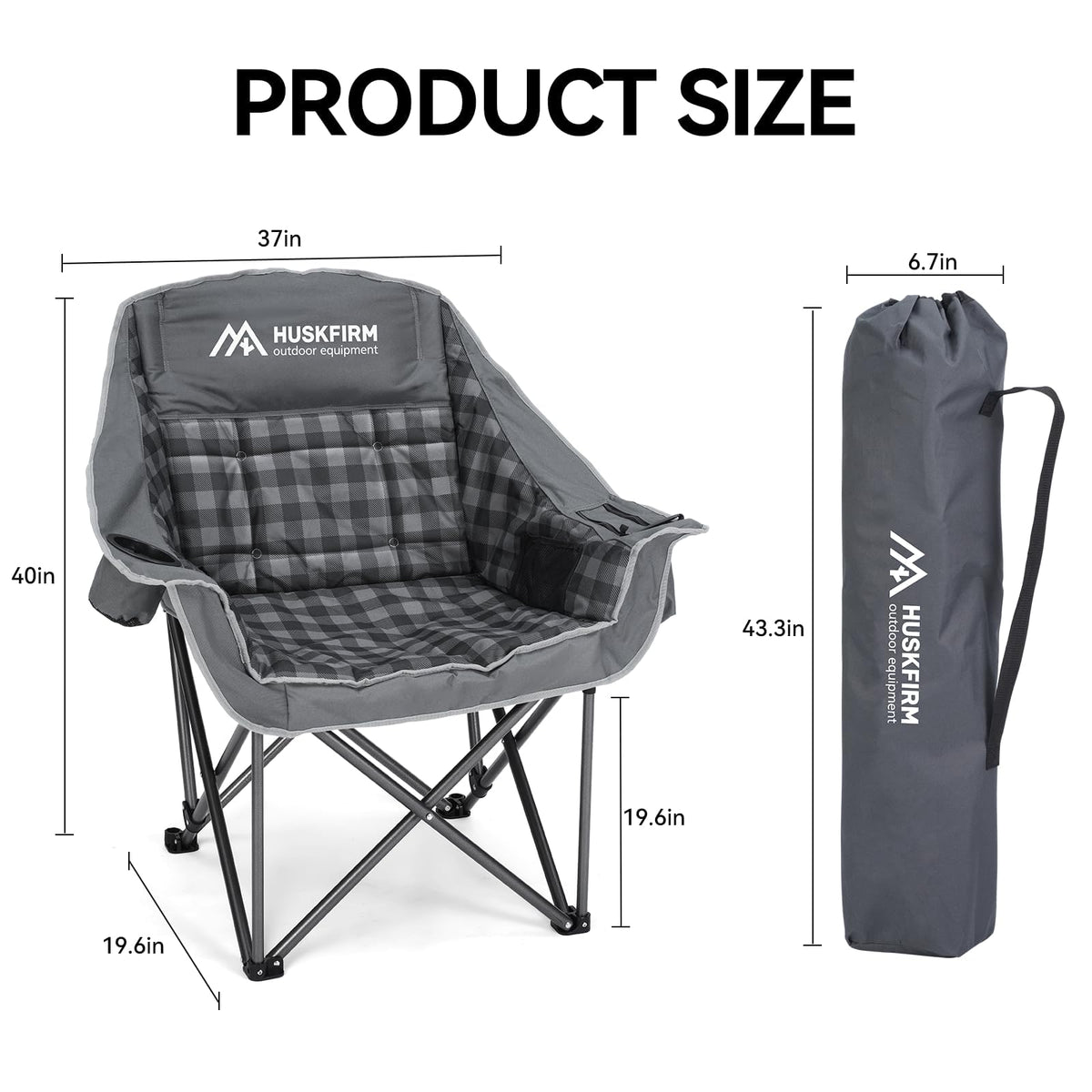 Huskfirm 2 Pack Camping Chairs Oversized Padded Camping Chair Heavy-Duty Foldable Camping Chairs with Cup Holder and Cooler Bag Portable Lawn Chair for Sports Outdoors-Support 450LBS, Grey