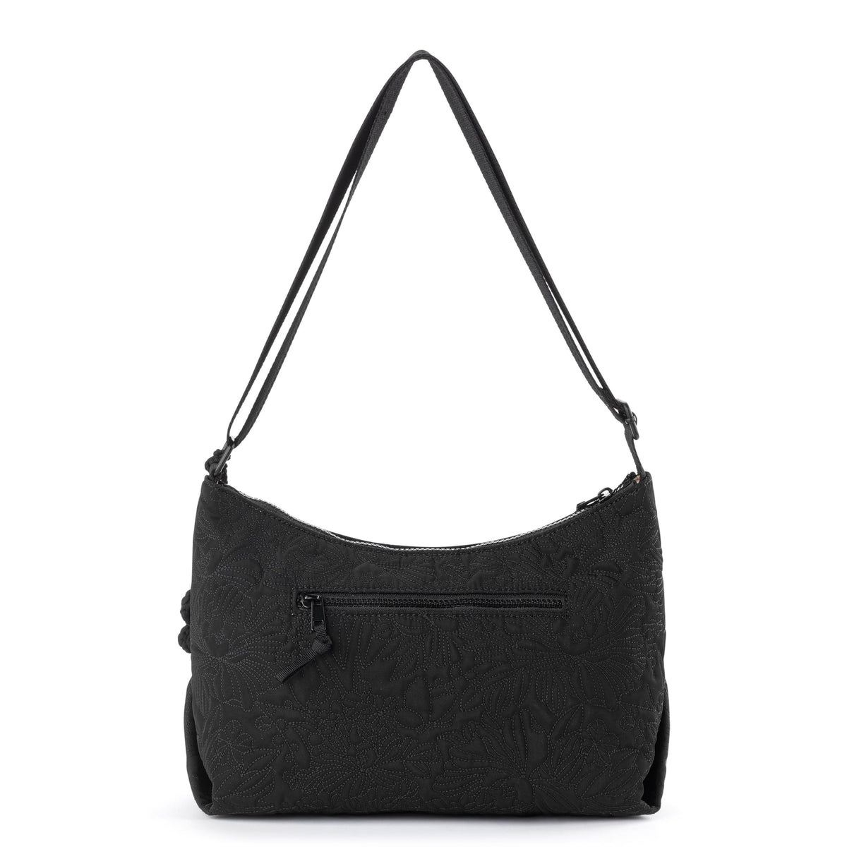 Sakroots Banyan Hobo – Shoulder bag with Zipper Closure, Back Zipper Pocket, detachable key dangle. Lightweight Travel, Work, or Everyday Hobo for Women - Black Flower Blossom Quilt