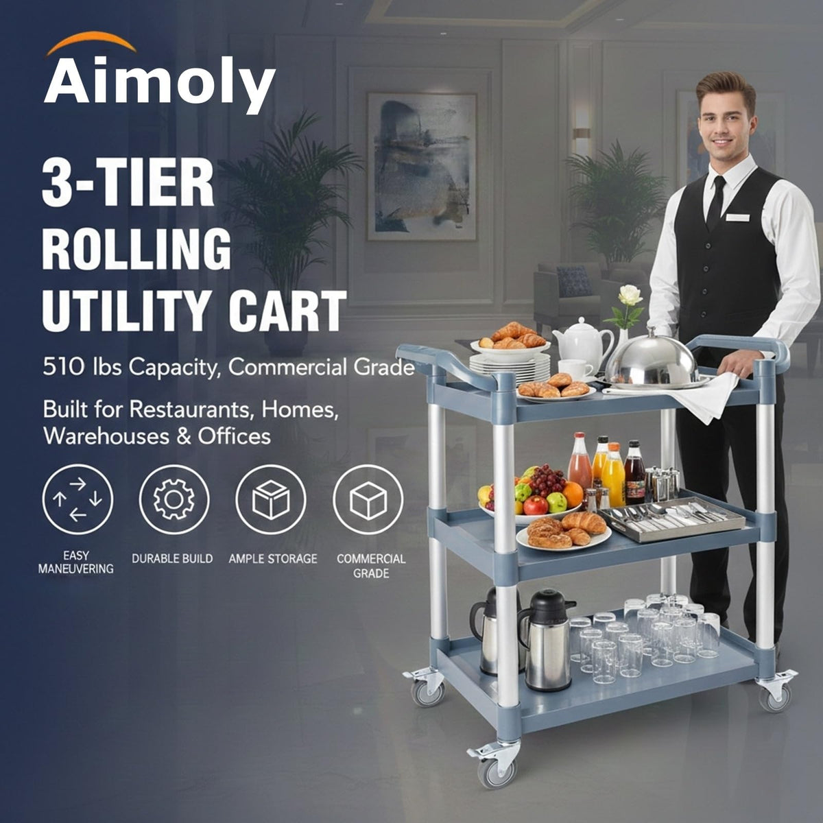 Aimoly 3-Tier Rolling Utility Cart on Wheels, 510 lbs Capacity Utility Service Cart, Commercial Kitchen Cart with 4 Lockable Swivel Casters for Restaurant/Home/Warehouse/Office (31.5X 15.75x 37.4 in)