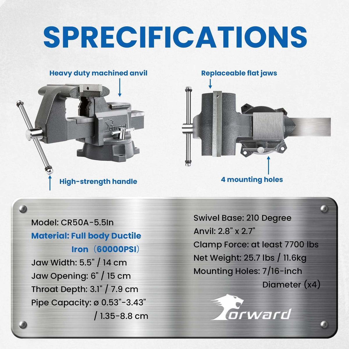 Forward CR50A-5.5In Bench Vise Heavy Duty Vice with Anvil and 210 Degrees Swivel Base (5 1/2")