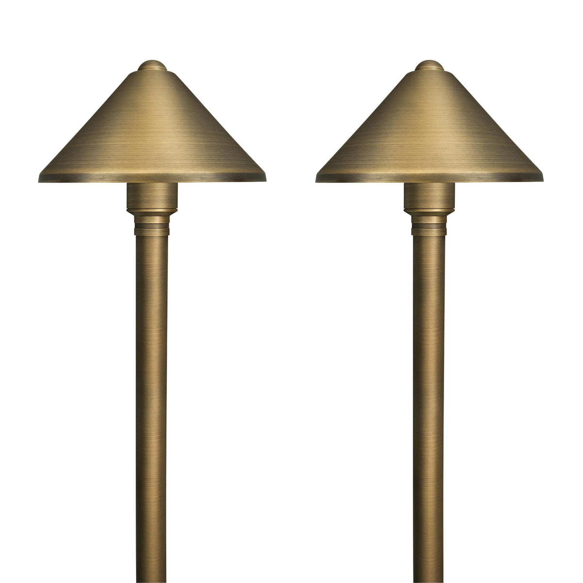 GKOLED Solid Brass Landscape Path Lights (5" Shade, 20" Tall), Low Voltage LED 3W 12-24V AC/DC Conehead Path Lighting, 2700K Outdoor Waterproof Walkway Light, with Stake and G4 Bulb, 2 Pack