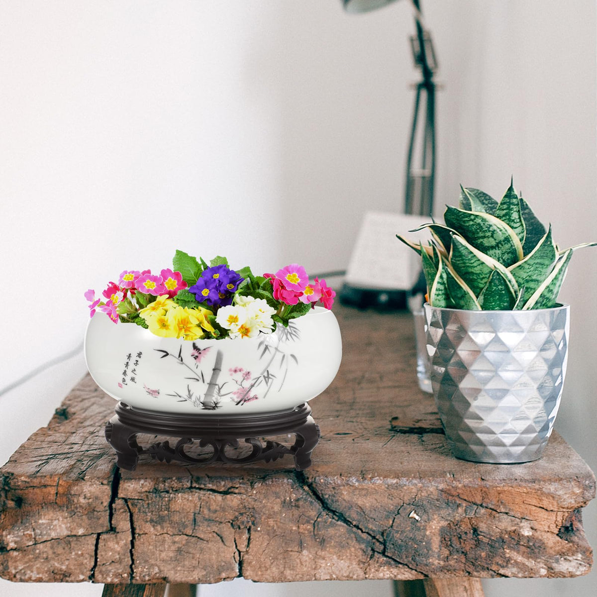 Lotus Bowl Flower Pot Ceramic Hydroponic Planter White Porcelain Bonsai Pot with Plastic Base for Indoor Water Planting Lily Lucky Bonsai Home Patio Garden Decor