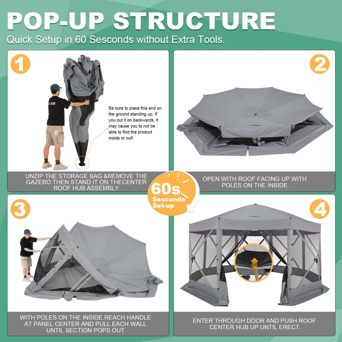 COBIZI 15x15 FT Pop Up Gazebo - Canopy Tent, Large Gazebos On Clearance,Instant Screened in Gazebo,carpas para Patio,Portable Screen Tents for 12-15 Persons Outdoor Camping, Backyard,Gray