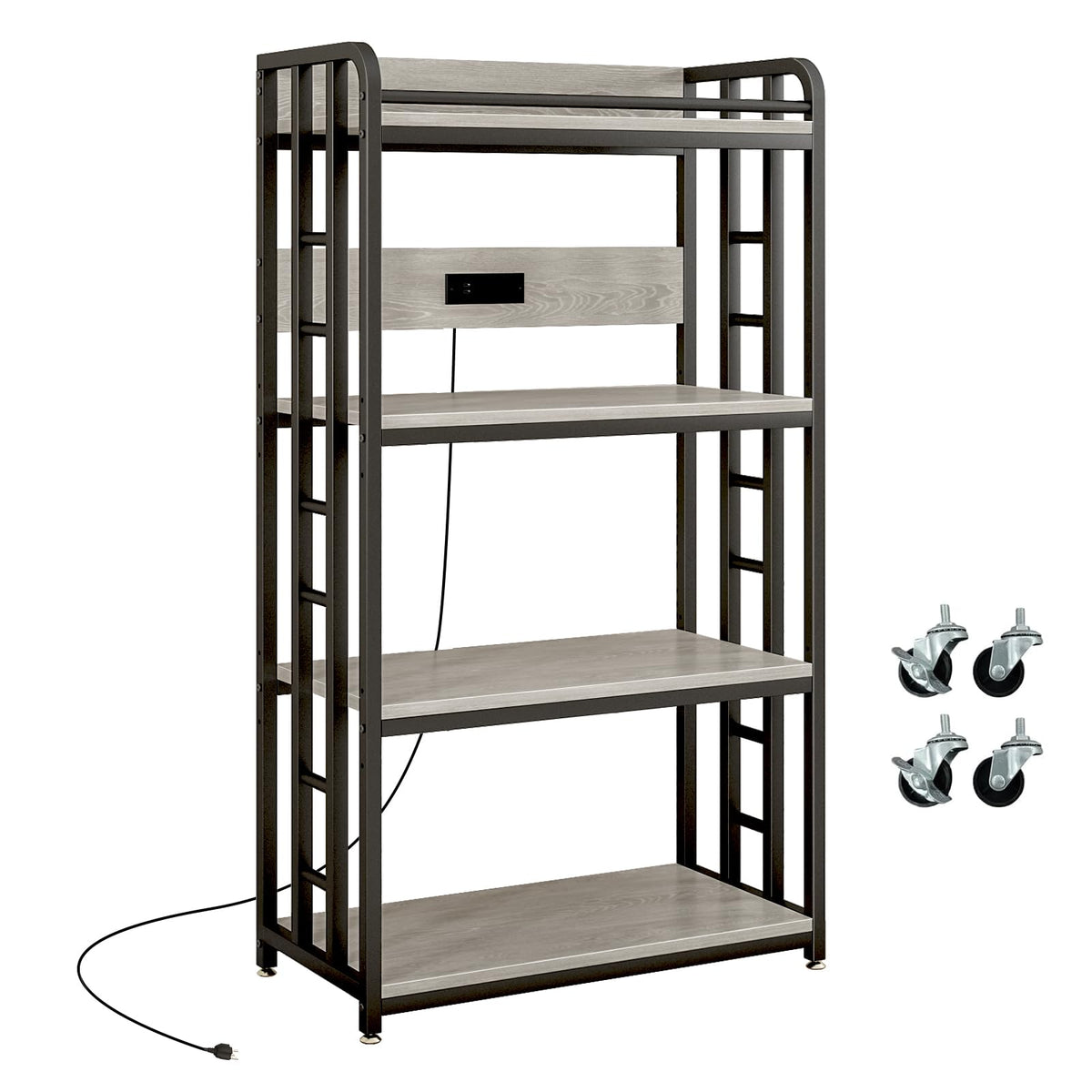 METYERRY Adjustable 4-Tier Heavy Duty Kitchen Baker's Rack with Power Outlet, with Industrial Wheels, Free Standing Microwave Oven Cart Stand for Storage in Living Room, Garage, Greige