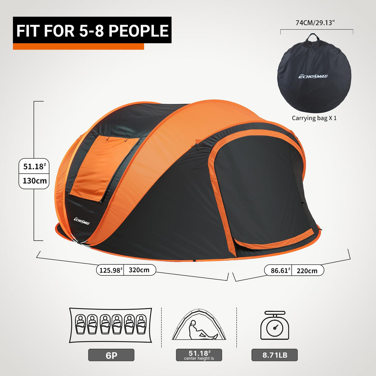 EchoSmile Instant Pop Up Camping Tent, 6 Person Easy Setup Tent, Water Resistant Dome, Portable with Carry Bag,Black & Orange,