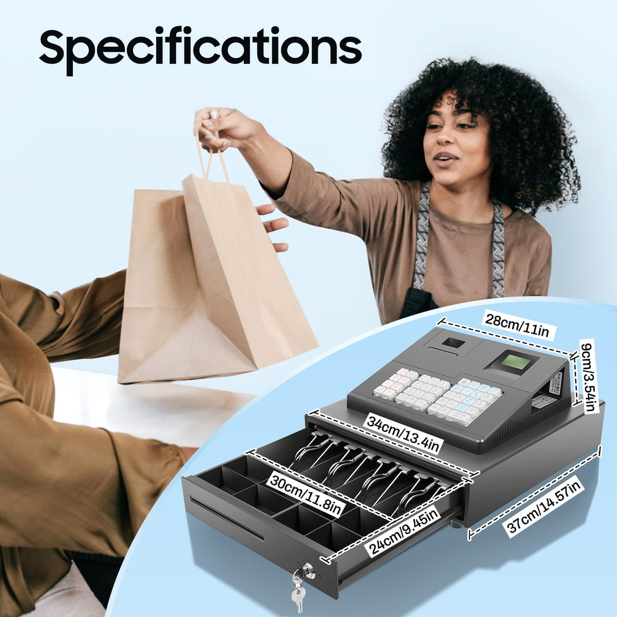 Cash Register for Small Businesses, 39 Keys Cash Management System with Drawer Box & 8-Character LED, Electronic Cash Register for Retail, Restaurant, Supermarket