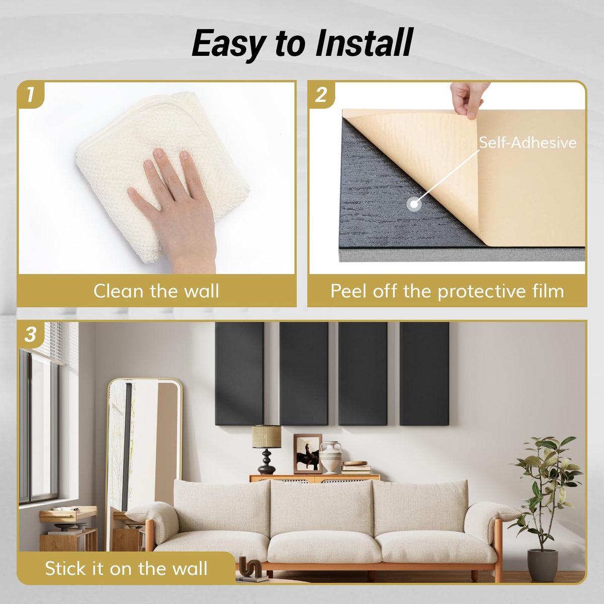 TONOR 4 PCS Large Acoustic Panel, 35.4″ * 11.8″ * 2.36″ 3D Fiberglass Sound Proof Panel with Full Self-adhesive, Decorative Echo Absorbing Wall Panel, for Studio, Living Room, Home, Office, Black