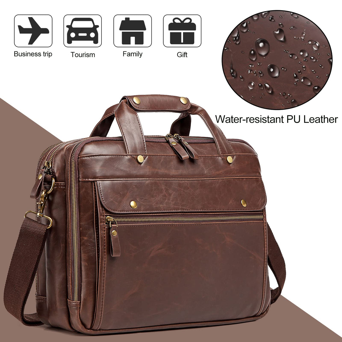 Bosidu Leather Briefcases for Men 15.6 Inch Laptop Messenger Bag with Triple Compartments Water-Resistant Computer Shoulder Bag for Business, Travel, Work, Office, Brown