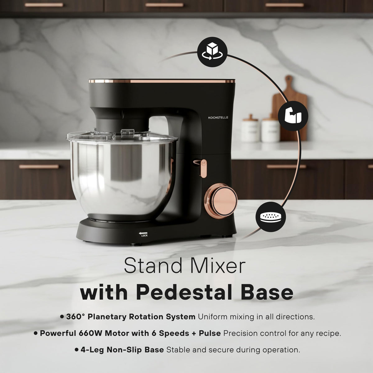 KOCHSTELLE Black Electric Stand Mixer 6.8 Quart Qt, 660W, 6-Speed Adjustable, Stainless Steel Planetary, Portable, Compact & Elegant Kitchen Mixer for Baking & Cooking