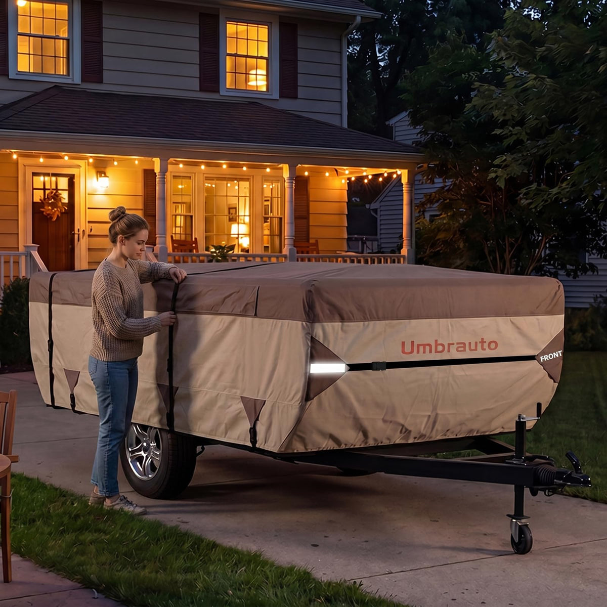 Umbrauto Pop Up Camper Cover 16' ~ 18', Heavy-Duty Waterproof Windproof Folding Tent Trailer – 9-Layer Top, 3-Layer Side, Sun-Resistant, Popup Trailer Cover for All-Weather Protection
