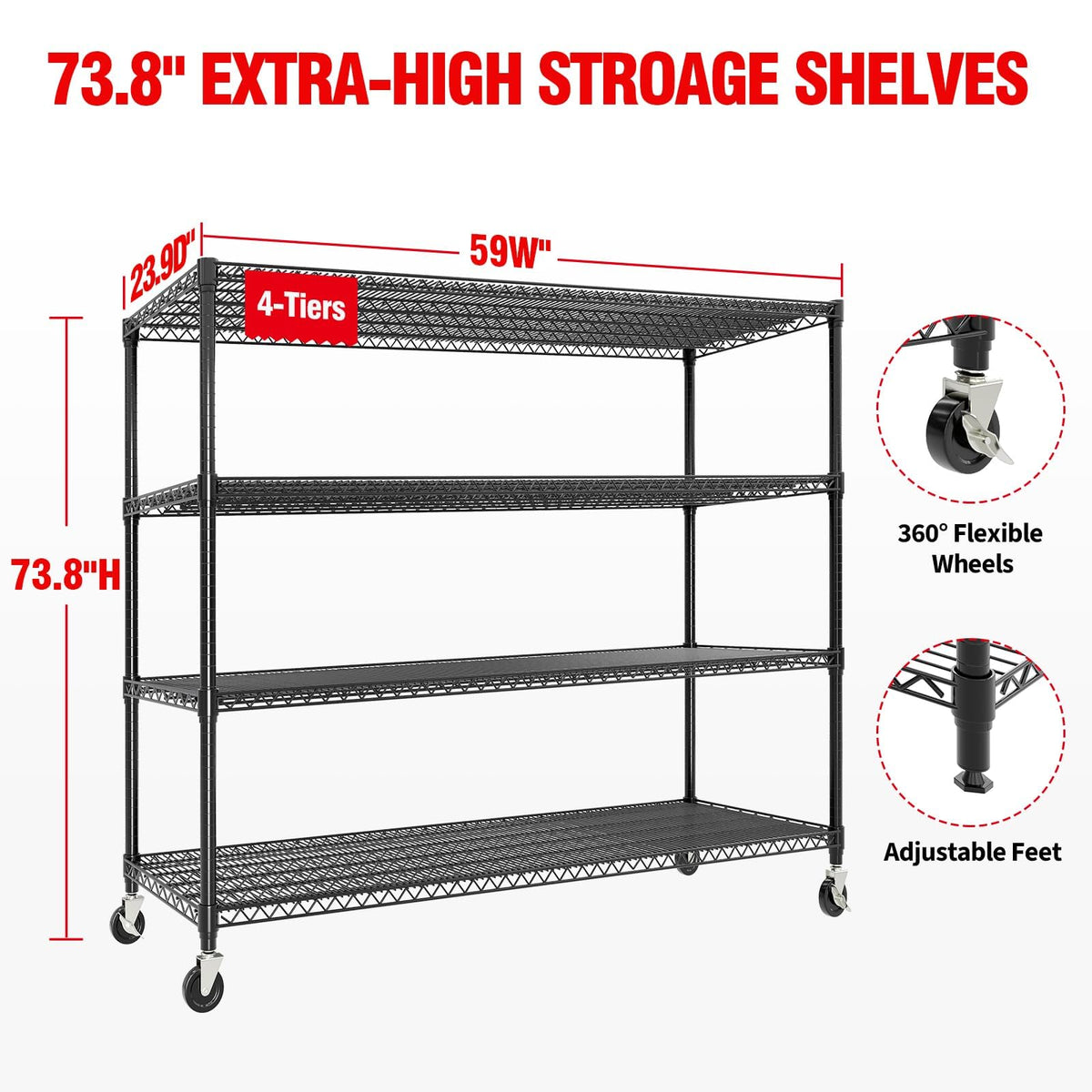 Metal Storage Shelving with Wheels, 4 Tiers Heavy Duty Rolling Storage Shelves with Adjustable Wire Racks, 59"W*74"H*24"D Garage Shelving Units, 2640LBS, for Kitchen Pantry Commercial Industrial,Black