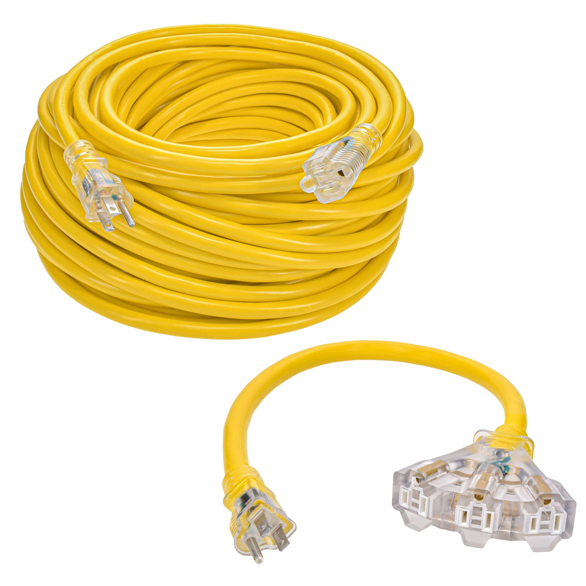 Clear Power 150ft 12/3 SJTW 15amps Yellow Outdoor Extension Cord w/Power Indicator Light & 2ft 12/3 STW Yellow Outdoor 3-Outlet Adapter w/Power Indicator Light DCOC-1223-DC