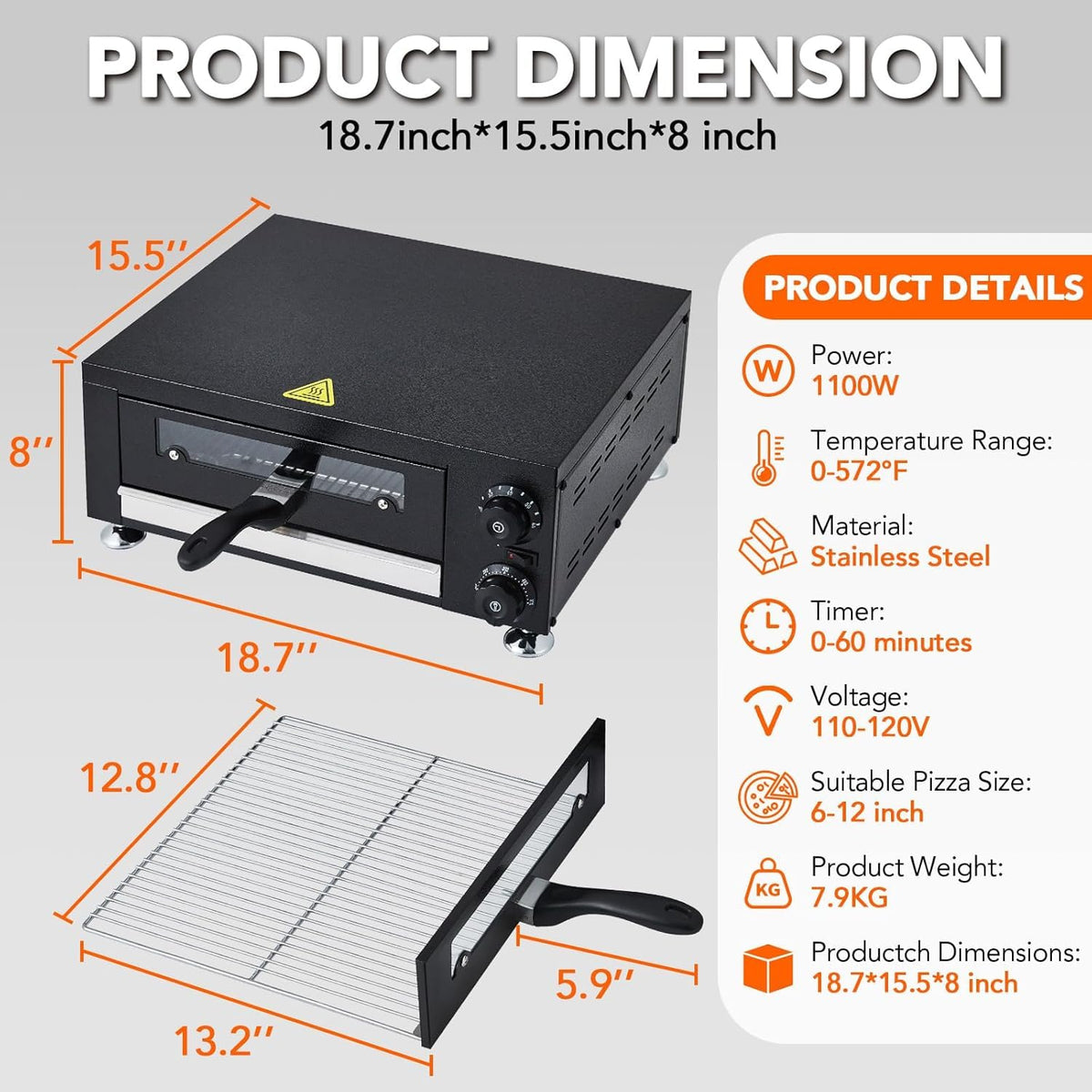 Heavy-Duty 12" Commercial Pizza Oven with Viewing Window | 1100W Stainless Steel Sealed Chamber & Timer | for Fast Food, Catering, Mall Kiosk | Countertop Electric Baking System
