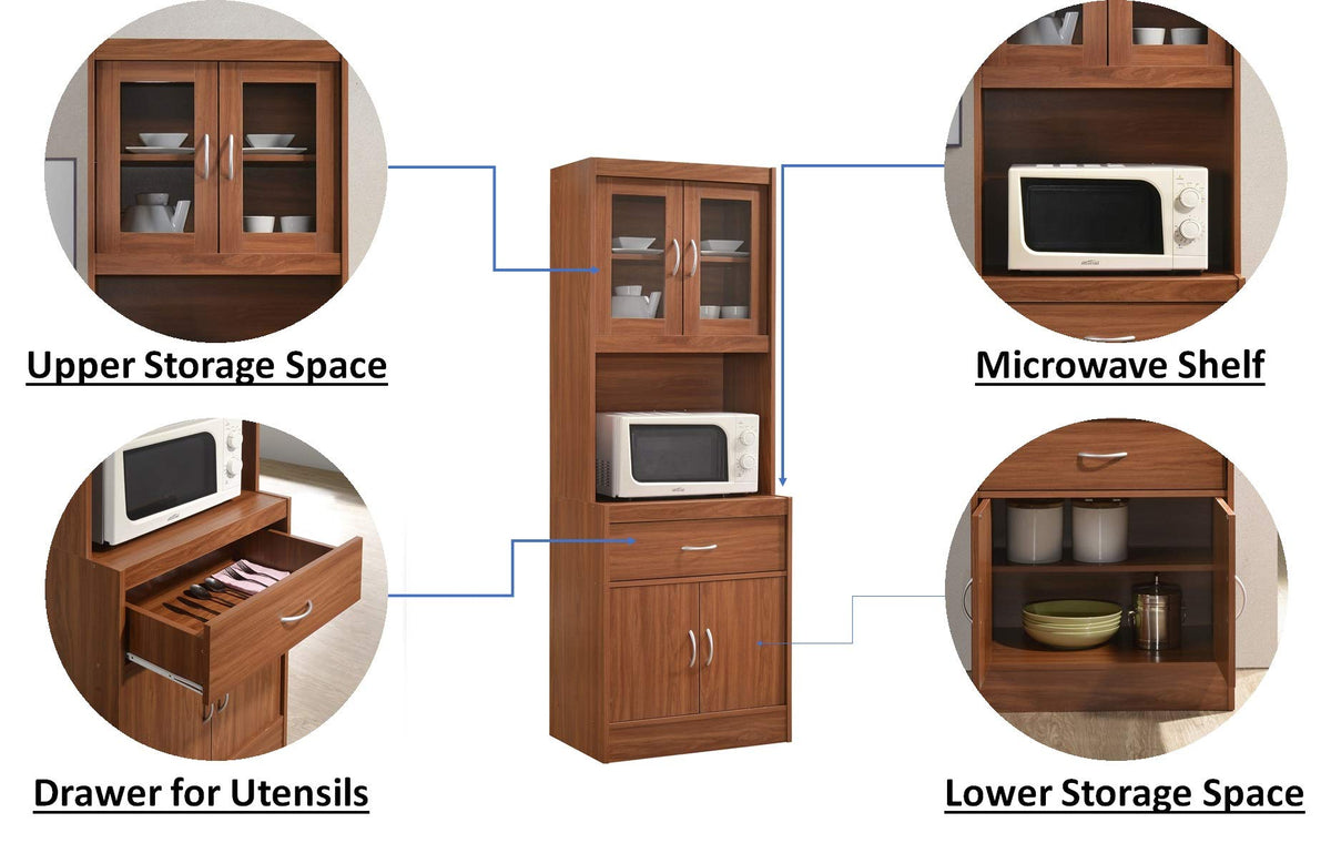 Hodedah Long Standing Kitchen Cabinet with Top & Bottom Enclosed Cabinet Space, One Drawer, Large Open Space for Microwave, Cherry