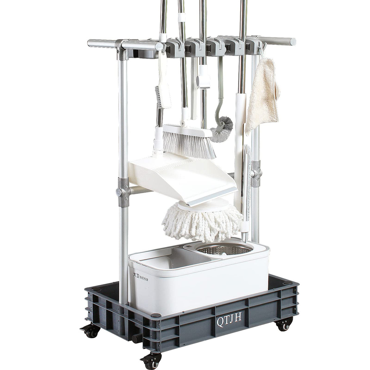 QTJH Broom mop holder cleaning supplies organizer janitorial carts on wheels housekeeping station storage tools for garage, garden, closet, cabinet.