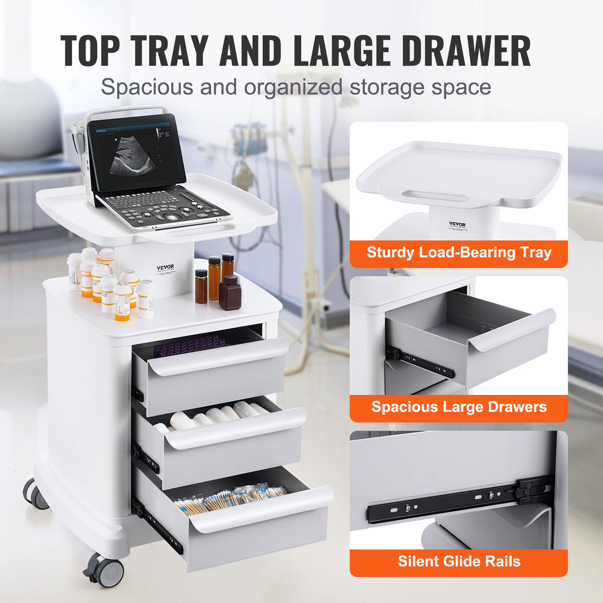 VEVOR 4 Tiers Lab Carts, Lab Utility Cart with 3 Drawers & 1 Top Tray, Mobile Medical Cart with ABS Material, Lab Rolling Cart with 4 Silent Wheels for Lab, Clinic, Hospital, Salon, White