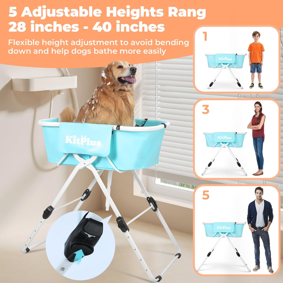 KITPLUS Portable Dog Bathtub, 5 Height Adjustable Dog Washing Station for Pet Shower and Grooming Foldable Bathing Tub with Storage & Anti-Slip Design for Small Large Dogs