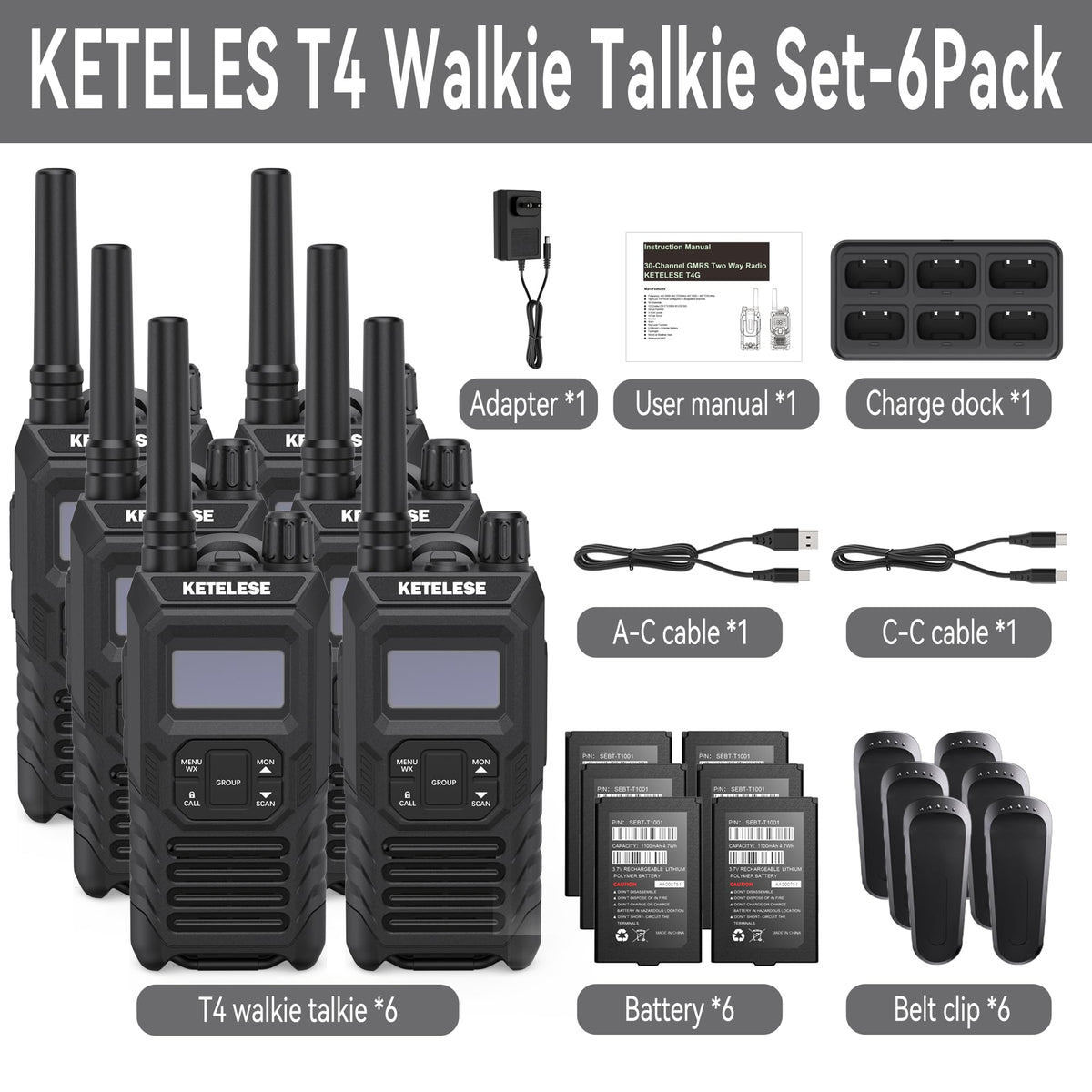 Ketelese T4 Rechargeable Walkie Talkies Long Range, IP67 Waterproof Two Way Radio, 30 Channels Walkie Talkie with Earpiece, TypeC Dock&Cables, NOAA, VOX, Group Call, PTT, 6pack, Balck