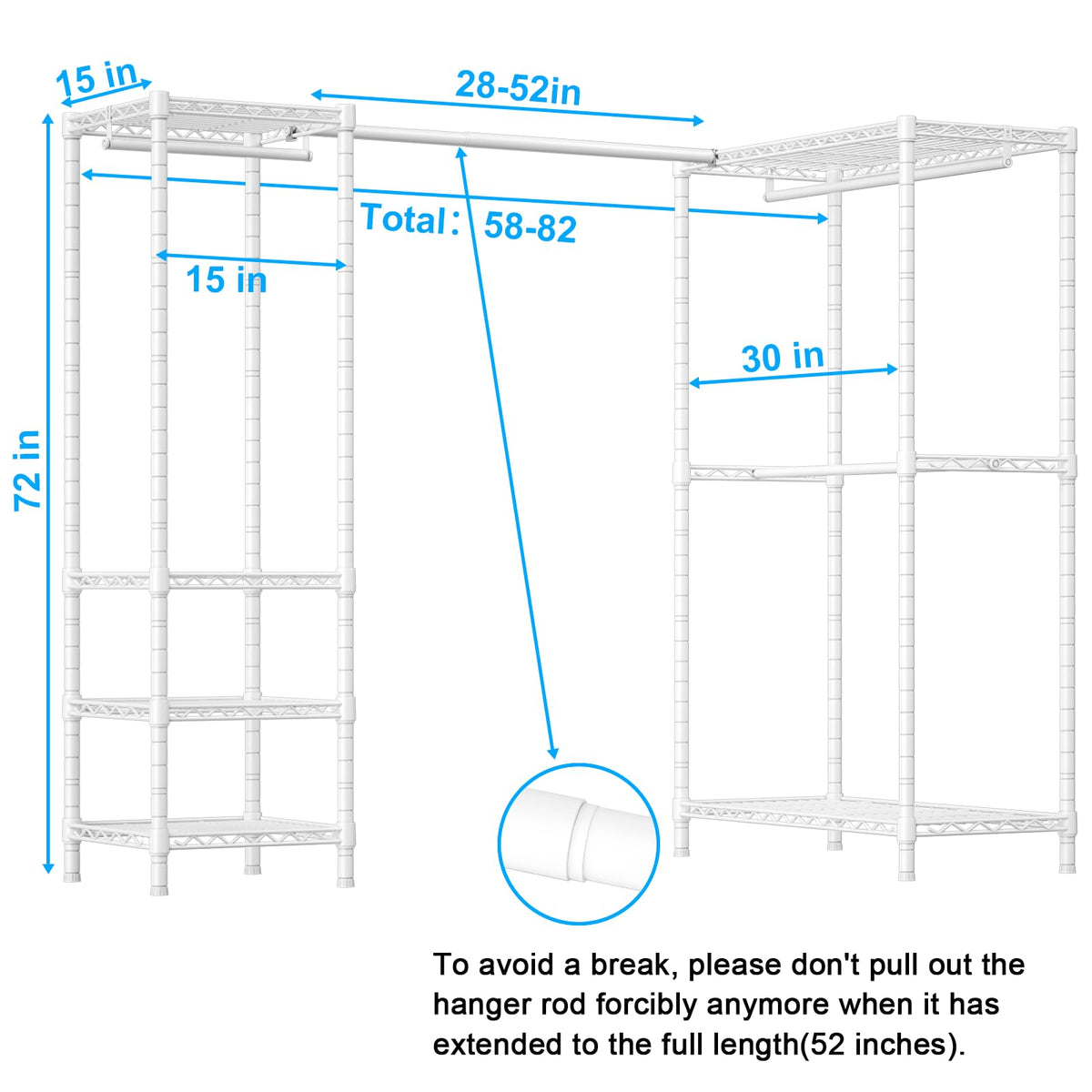 ULIFHOME E10L L-Shaped Clothes Rack for Corner（With Expandable Hanger Rod）Heavy Duty Freestanding Clothing Racks for Hanging Clothes，Portable Garment Rack 58-82"W x 30"D x 72"H，Max Load 900LBS, White