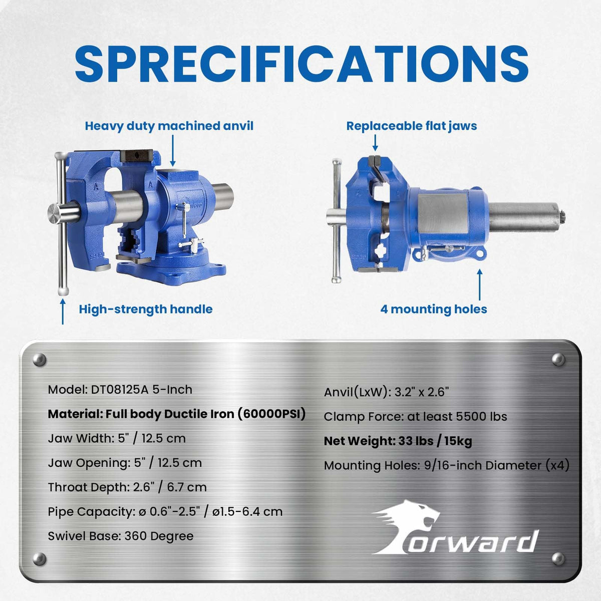 Forward DT08125A 5-Inch Heavy Duty Bench Vise with 1 Pair Steel Jaw Plates