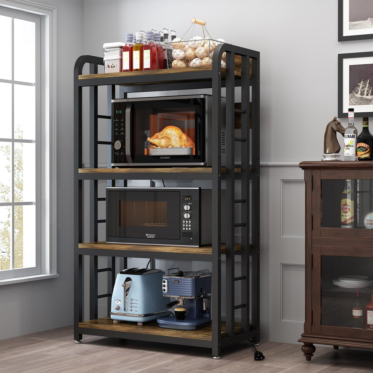 SIREDEEP Bakers Rack with Power Outlet ，4-Tier Kitchen Baker's Rack,Microwave Stand with Storage Suitable for Kitchen, Living Room, Dinning Room，Coffee Bar(Rustic Brown)