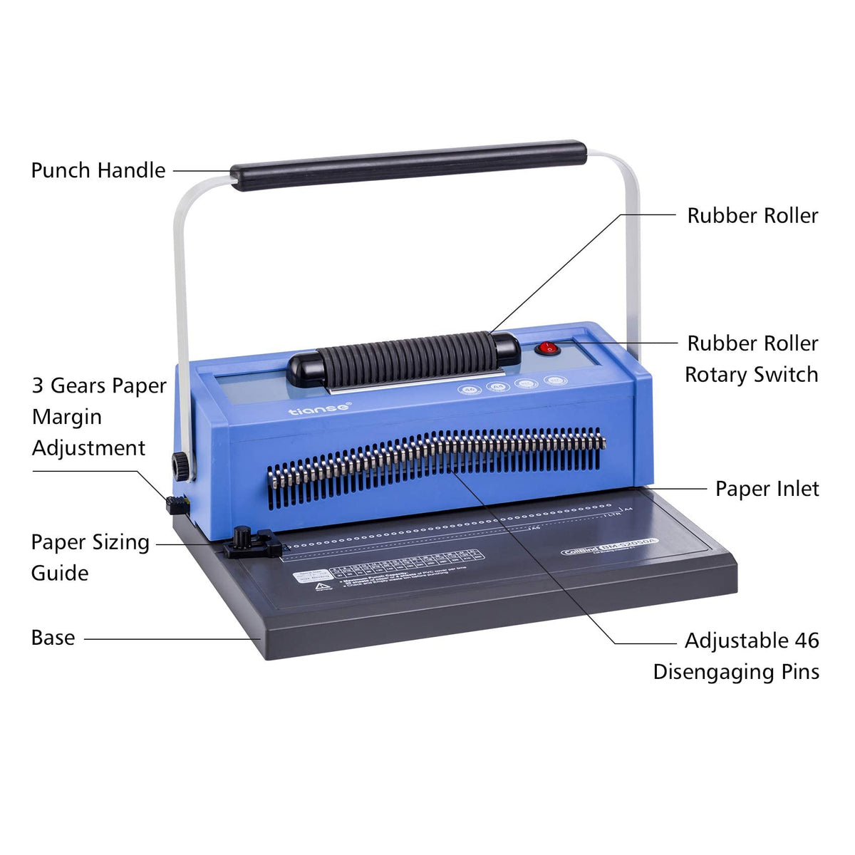 TIANSE Spiral Coil Binding Machine, Manual Book Maker Punch Binder with Electric Coil Inserter, Disengaging pins, Adjustable Side Margin, Comes with 100pcs 5/16'' Plastic Coil Binding Spines & Plier
