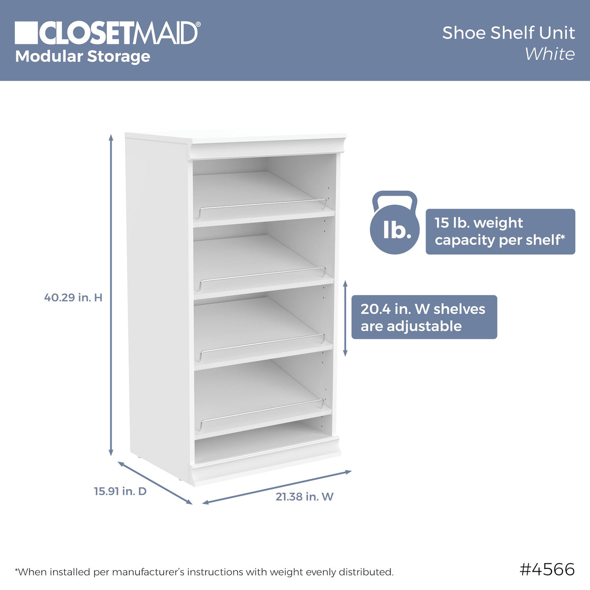 ClosetMaid Modular Shelf & Shoe Storage System Kit, 15.91" D x 80.35" H x 21.38" W, White
