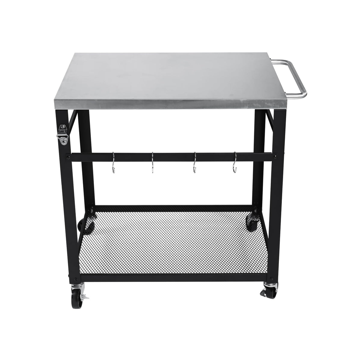 KEIKI 2-Tier Outdoor Grill Cart Table with 4 Wheels, Tool Hooks, Mesh Shelf, Movable BBQ Cooking Prep Table, Pizza Oven Table, Serving Bar Cart for Backyard, Indoor, Outside, Kitchen, Stainless Steel