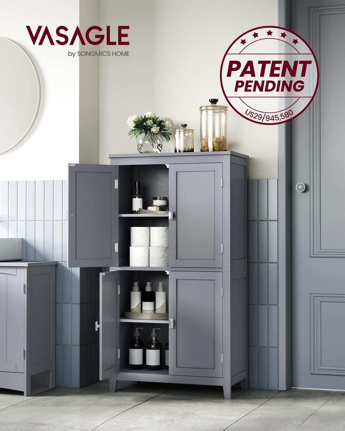VASAGLE Floor Storage Cabinet, Freestanding Storage Unit with 4 Doors, Adjustable Shelves, 11.8 x 23.6 x 43.3 Inches, for Entryway, Bathroom, Dove Gray UBBC552P36V1