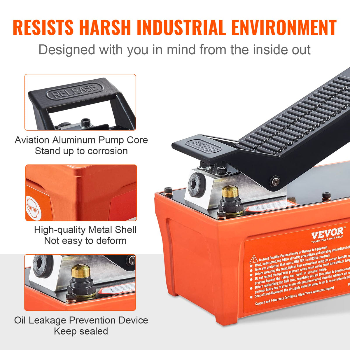 VEVOR Air Hydraulic Pump, 10,000 PSI 1/2 Gal Reservoir, NPT 3/8" Oil Outlet, NPT 1/4" Inlet, 6.6 ft Pipe, Foot Actuated Hydraulic Pump Air Treadle for Auto Body Frame Machines and Pulling Post, Orange