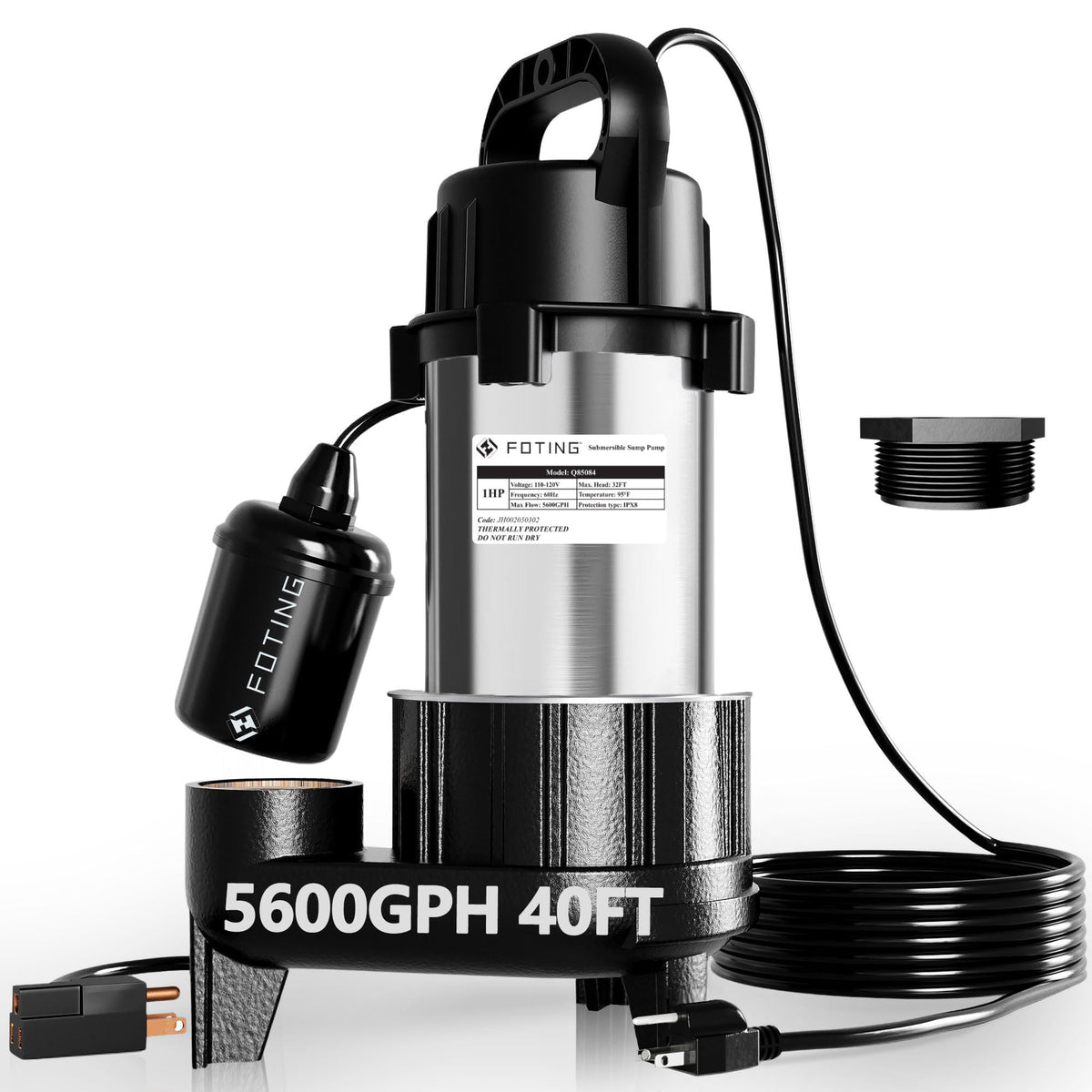 FOTING Sump Pump Submersible Sewage/Effluent Pump - Heavy Duty Cast Iron - 115V Septic Pump for Sump Basin/Residential/Sewage/Basement, 1HP 5600 GPH Sewage Pumps 2'' NPT,Black