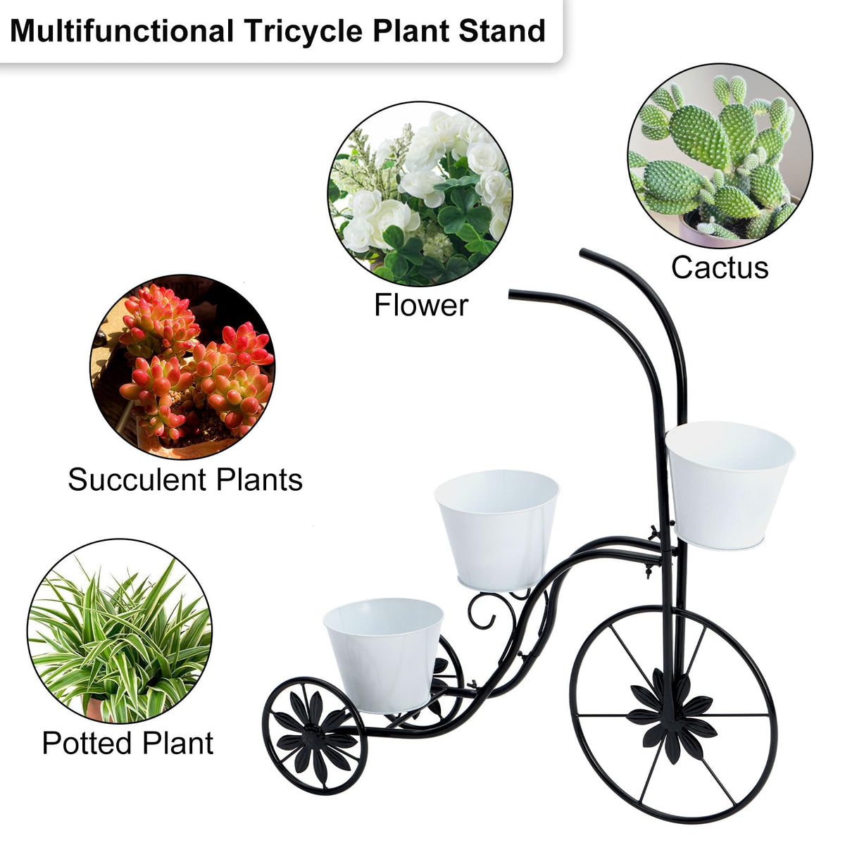 LEWIS&WAYNE Metal Tricycle Planter, 3 Tier Floral Flower Plant Stand Holder Hand Painted Outdoor Garden Patio Decor
