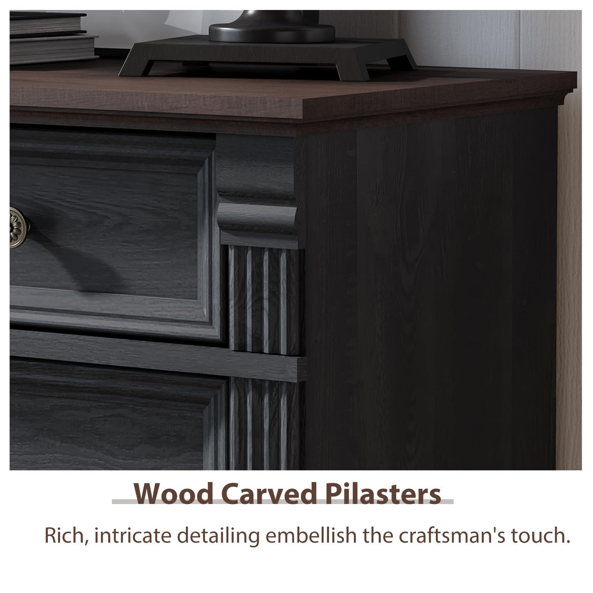 Black Dresser for Bedroom, 47" Tall Dresser for Bedroom, Wood Rustic Chest of Drawers with Chic Wood Pilasters, Farmhouse Dressers Organizer for Bedroom, Hallway