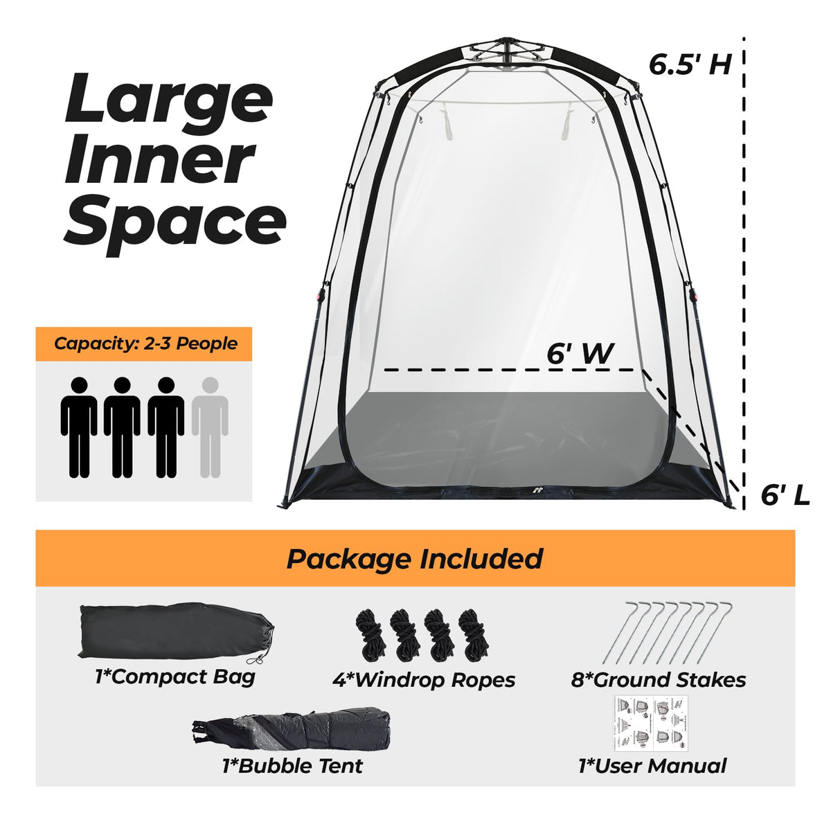 Weather Proof Pod Screen House Pop Up Bubble Tent, Portable Igloo for Camping Outdoor Gazebo Weatherproof Cold Protection Tiny Homes, Black (6x6FT)