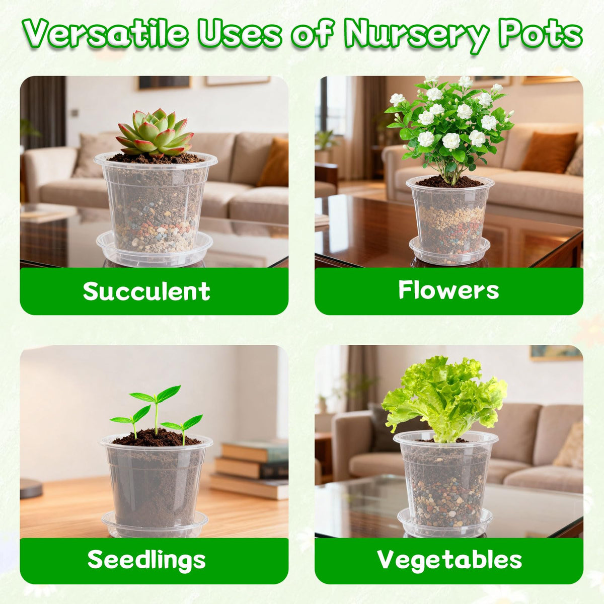 FDKYOEK 30Pack Clear Nursery Pots with Drainage and Saucer, 3/4/5/6/7in Clear Plastic Pots for Plants Flowers Succulents Vegetables, Transparent Plant Pots with 100 Planter Labels for Seedling Starter