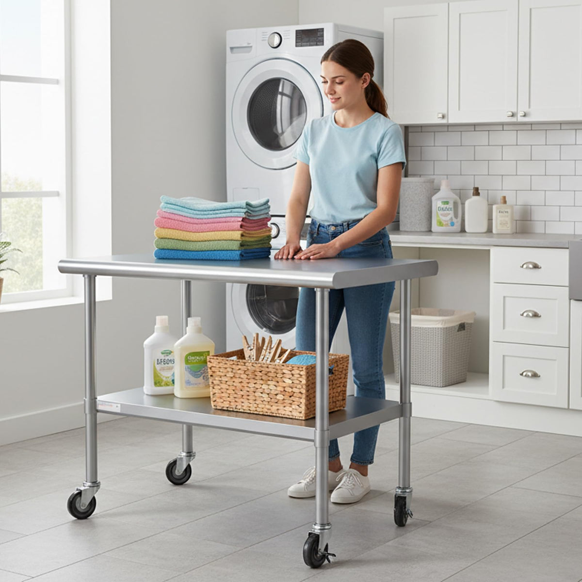 STABLEINK NSF Stainless Steel Table with Wheels 36x24 Inches 3ft, Metal Prep & Work Table with Adjustable Undershelf, for Commercial Kitchen, Restaurant, Laundry, Hotel and Garage