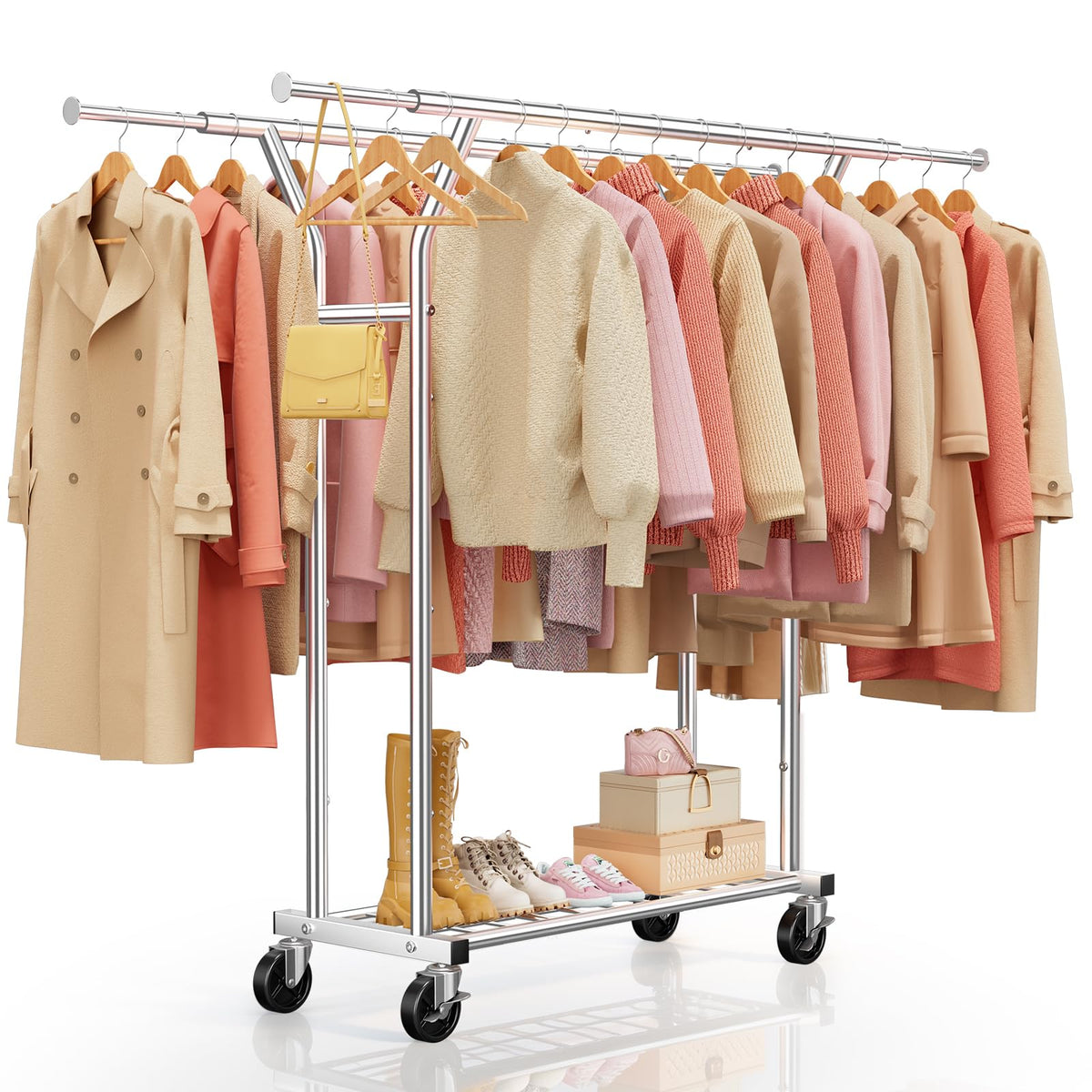 LZNIOZ Heavy Duty Clothes Rack - Load 620 LBS, Rolling Clothing Rack for Hanging Clothes with Lockable Wheels & Shelves, Extendable Double Rod Garment Rack for Bedroom, Laundry, Living Room, Silver