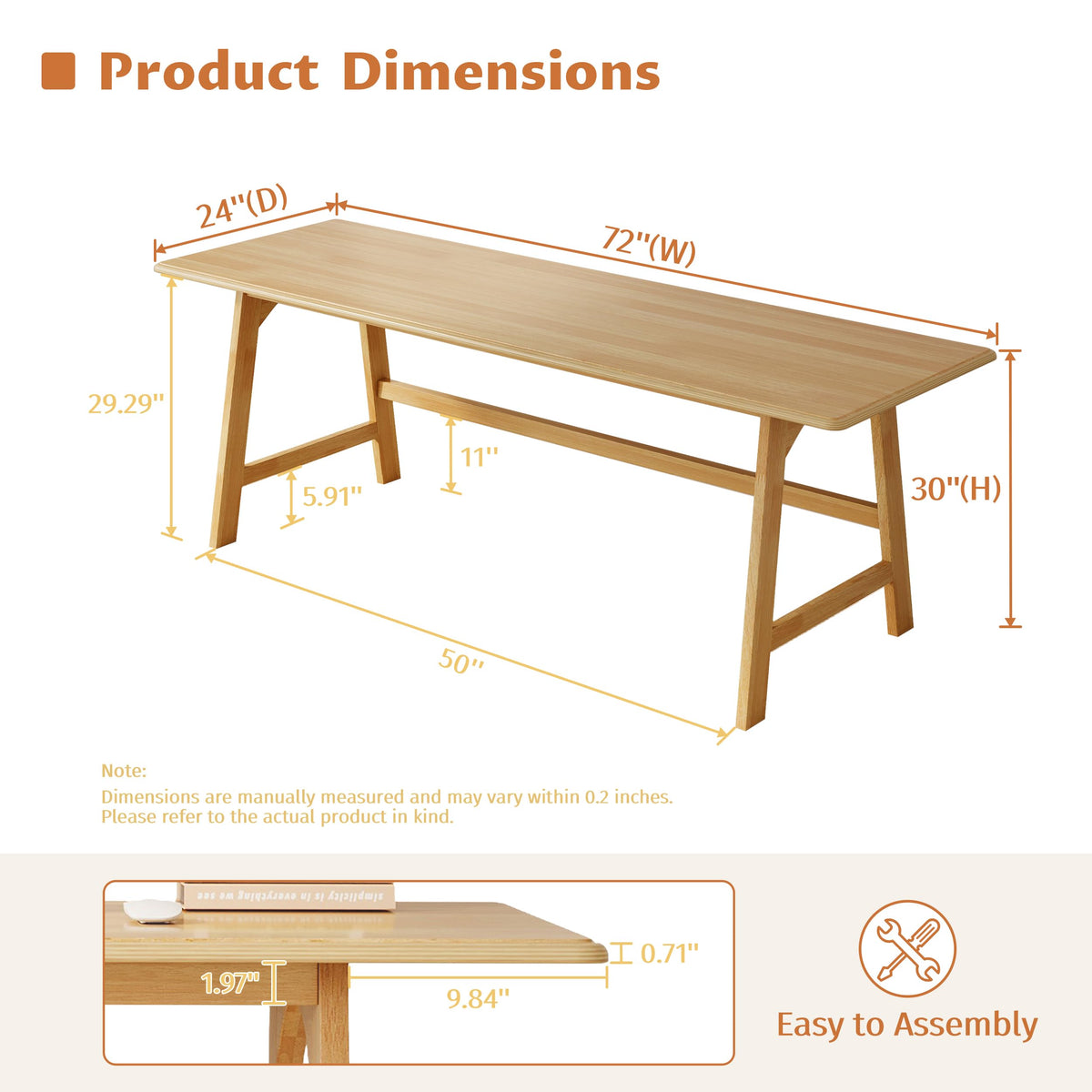 IOTXY Solid Wood Writing Table - 72" W x 24" D Minimalist Long Computer Desk for Home Office, Work, Study, Creativity, and PC Workstation, Oak