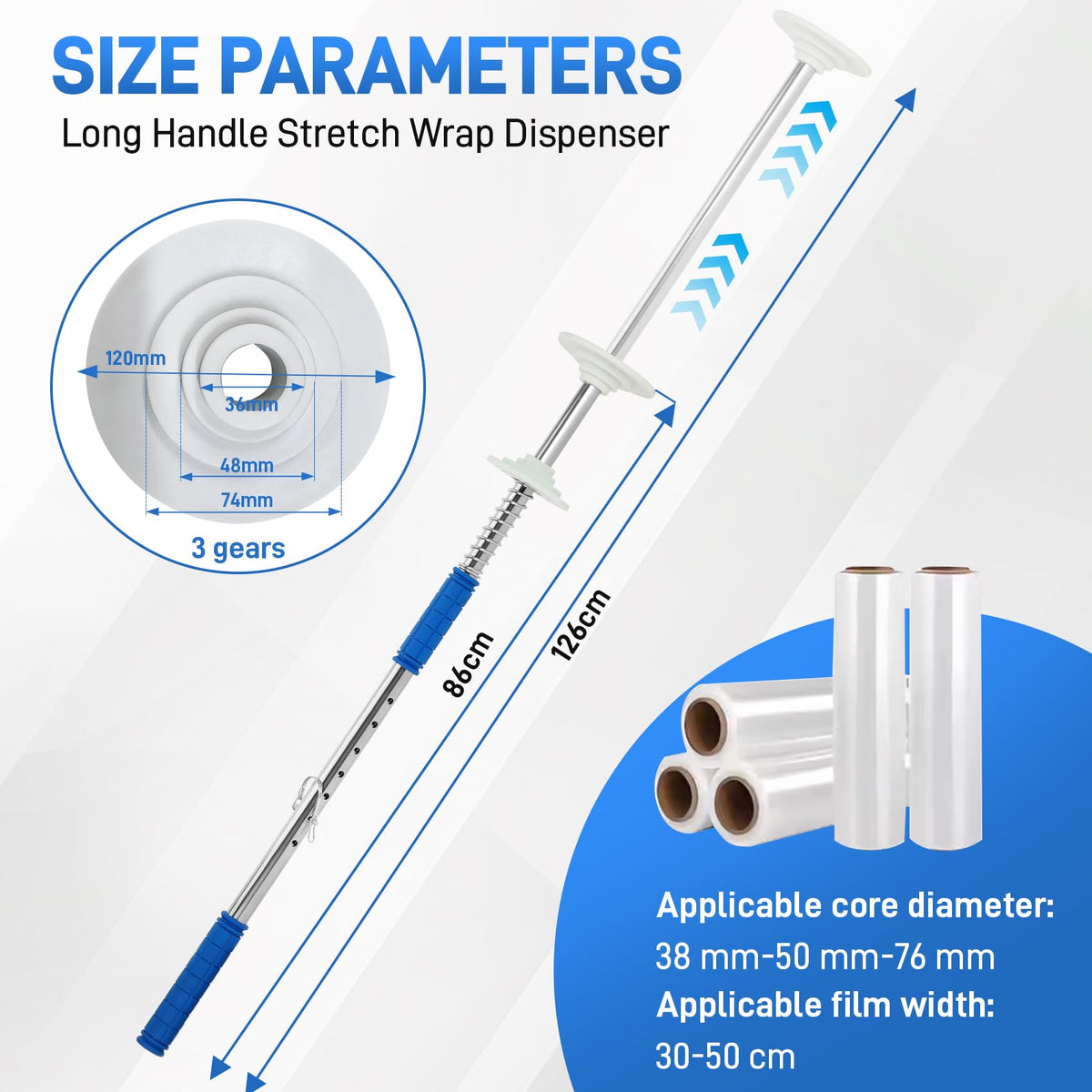 10-Pack Heavy Duty Stretch Film Dispenser Pole Holder - 48 Inch Extra Long Handle for Pallet Wrapping - Fits 12" to 24" Rolls with 2" to 3" Core - Industrial Grade Stretch Wrap