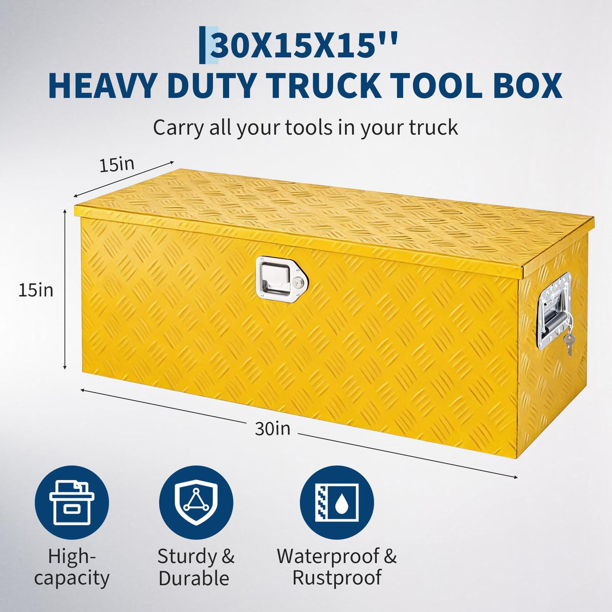 Truck Bed Tool Box Aluminum with Lock and Keys, 30x15x15 Inch, Weatherproof Storage Chest Organizer, Side Handles, Gas Strut Lid, Large Capacity Heavy Duty Steel Metal Tool Box for Pickup, Trailer, RV