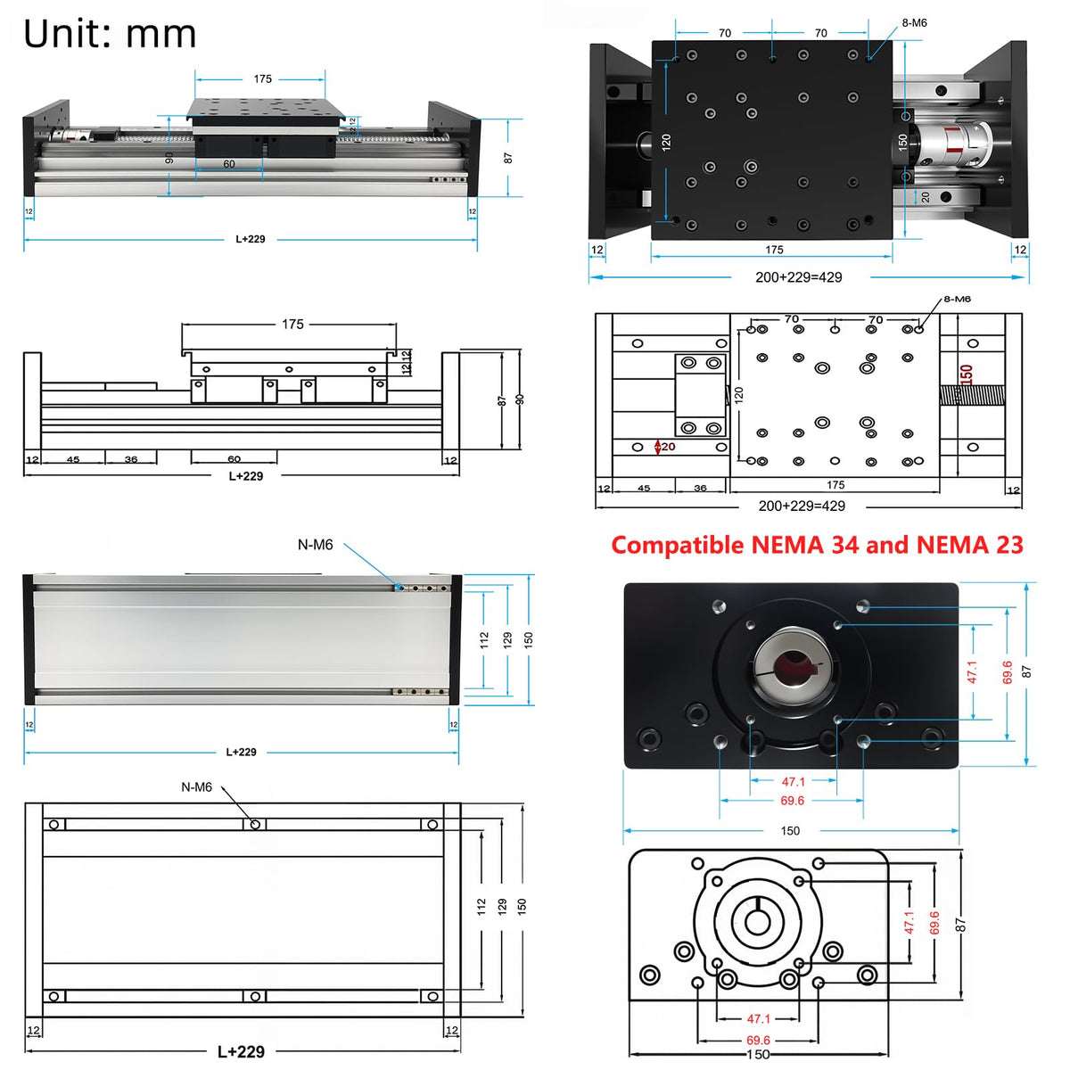 Electric Linear Stage Heavy Duty Load 550 lb 250KG Ballscrew 2005 Double Rail Guide Four Slide 8 Inch 200mm Stroke Slide Stage Compatible Nema23 57mm NEMA34 86mm Stepper Motor for CNC Router