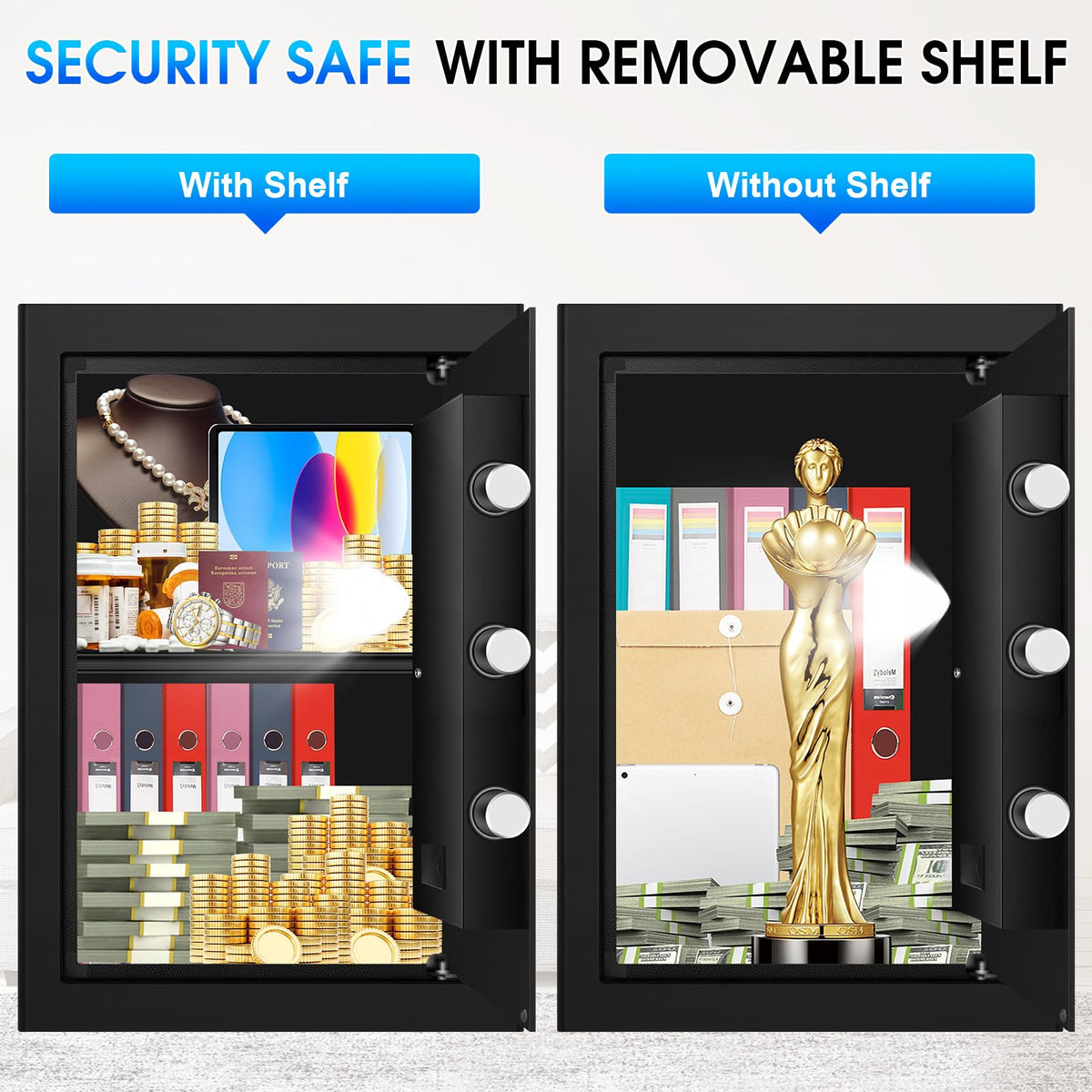 3.3 Cuft Large Fire Proof Safes for Home Use, Personal Fire Safe Box with Electronic Keypad and Spare Key, Removable Shelf, Digital Home Safe Fireproof Waterproof for Cash Documents Valuables