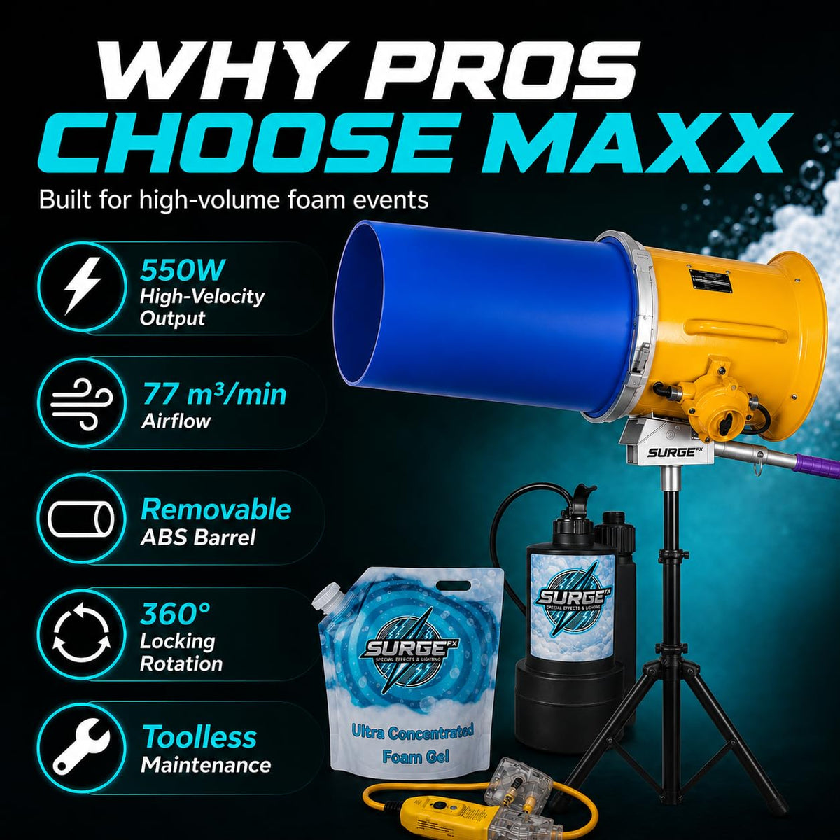 SurgeFX Foam Blaster Maxx v2 Foam Cannon Machine, 550W High-Velocity Professional Foam Party Machine with 360° Rotation, 3-7 ft Telescopic Stand, Toolless Cleaning for Events & Rentals