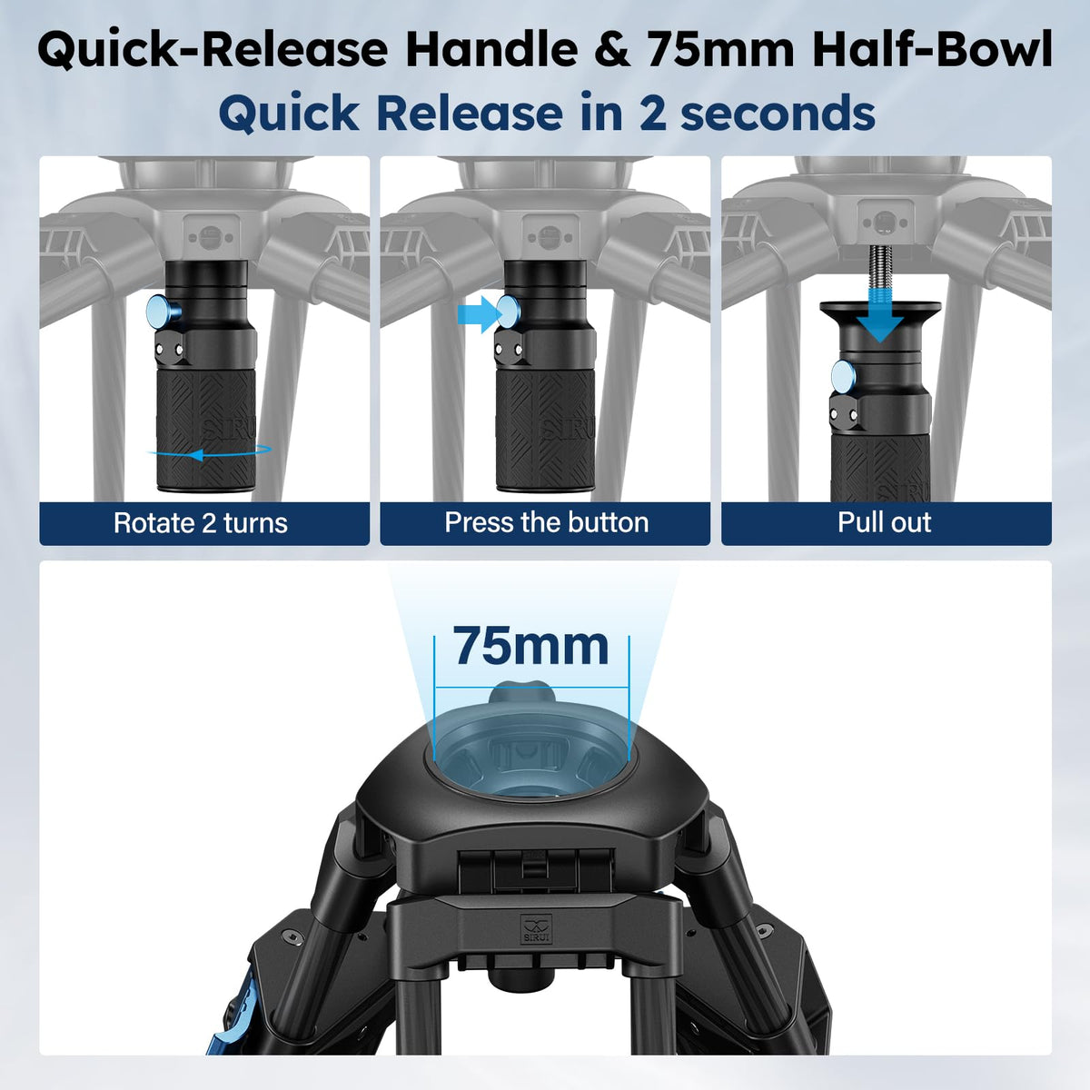 SIRUI SQ75+VHS10 Carbon Fiber Tripod, 71.7” Video Tripod with Professional Video Fluid Head, 7-Step Counterbalance, 4-Step Tilt/Pan Damping Adjust, Rapid Setup for Camera, Max Load 10kg/22lb