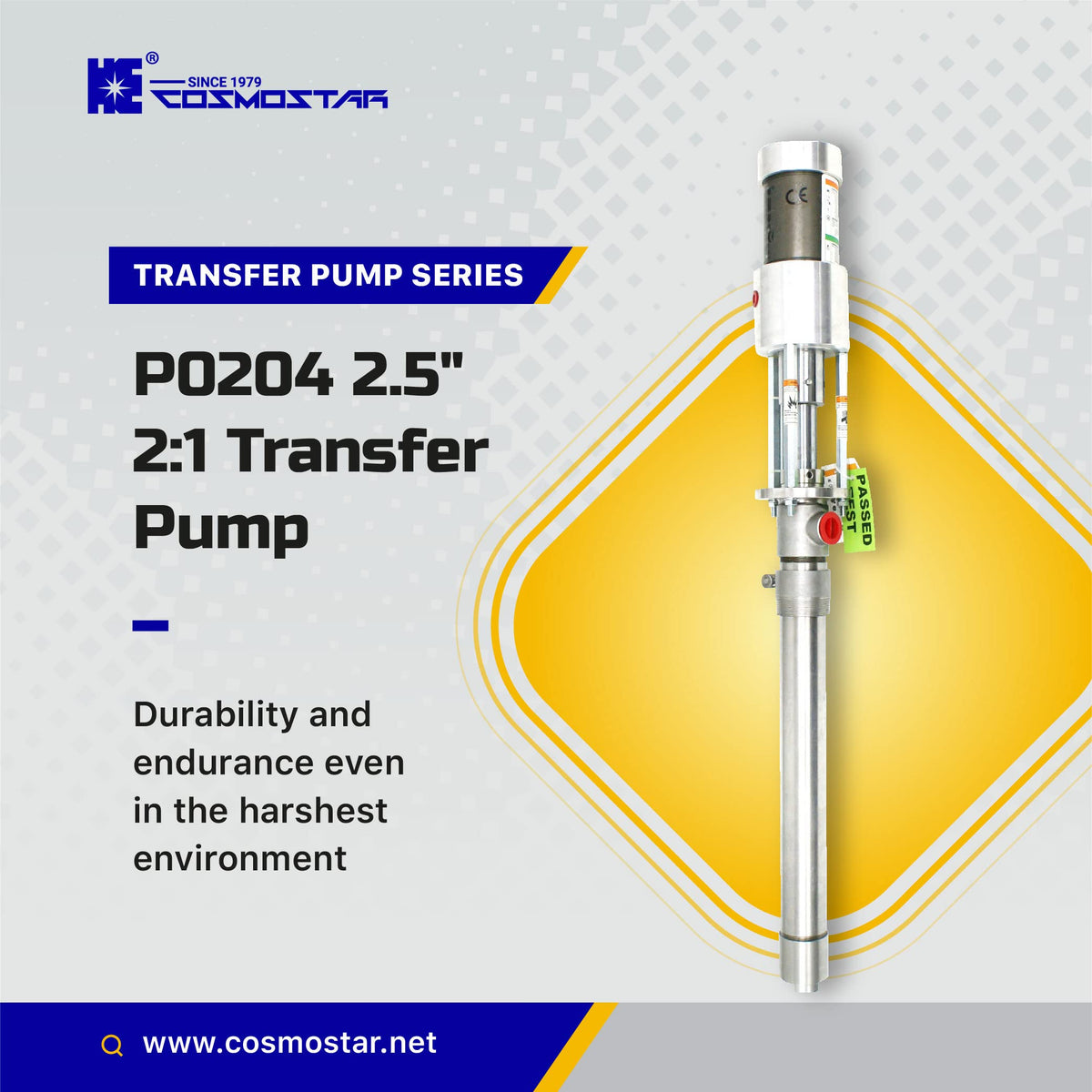 COSMOSTAR 2.5" 2:1 Air Operated Pneumatic Piston Pump for 55 Gallon Drum Teflon Packing Oil Chemical Transfer Pumps 4.0GPM/15LPM, High Fluid Pressure 240 Psi